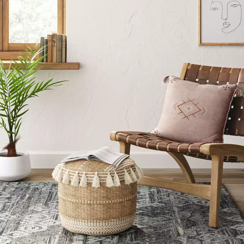 Gemma Pouf Jute Striped/Tassels Natural - Opalhouse™: Bohemian Style, Upholstered Round Ottoman with Polystyrene Beads