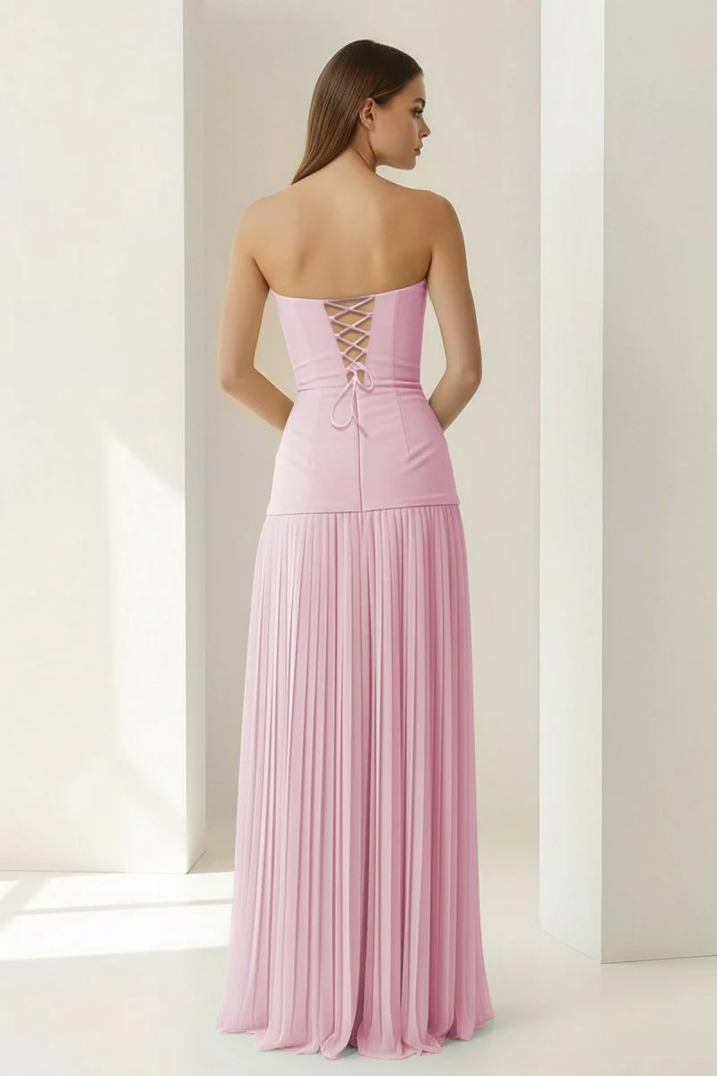 Blue Strapless Sheath Chiffon Pleated Long Prom Dresses