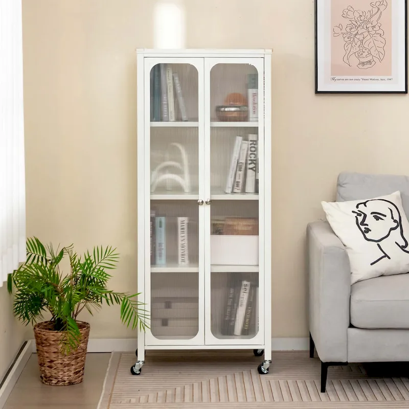 Storage Cabinet with Wheels & 2 Translucent Doors | Adjustable Shelves