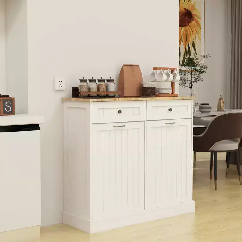 MAYEERTY White Kitchen Trash Cabinet, 2 Drawers + 2-Compartment Tilt-Out Organizer for Waste Sorting