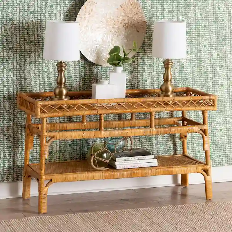 Savitri Modern Bohemian Natural Rattan 2-Tier Console Table