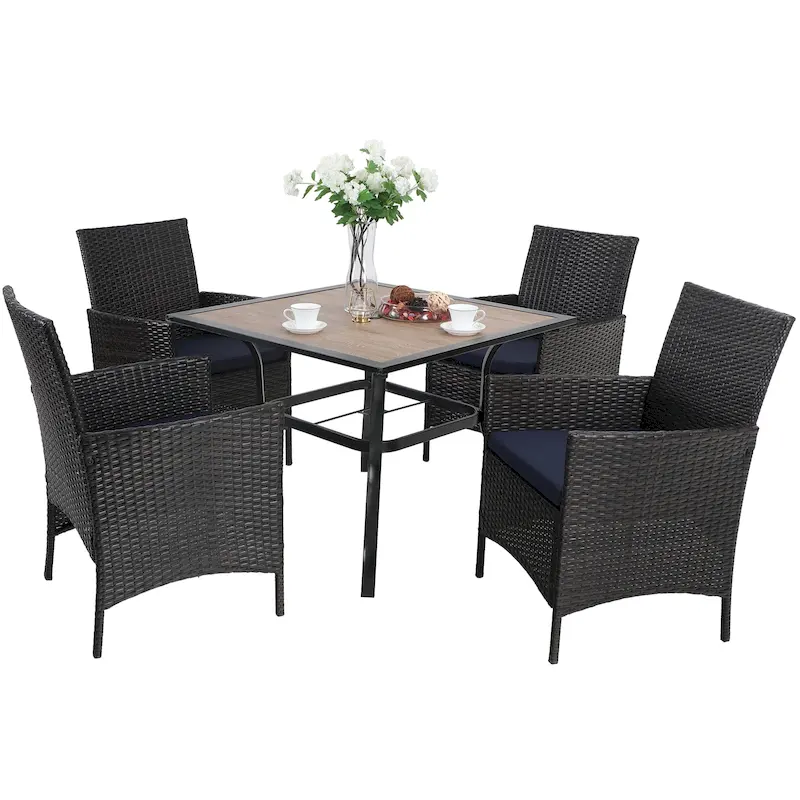 Patio 5-piece Dining Set, 1 Square 37  Metal Table with Umbrella Hole and 4 Rattan Chairs with Cushion