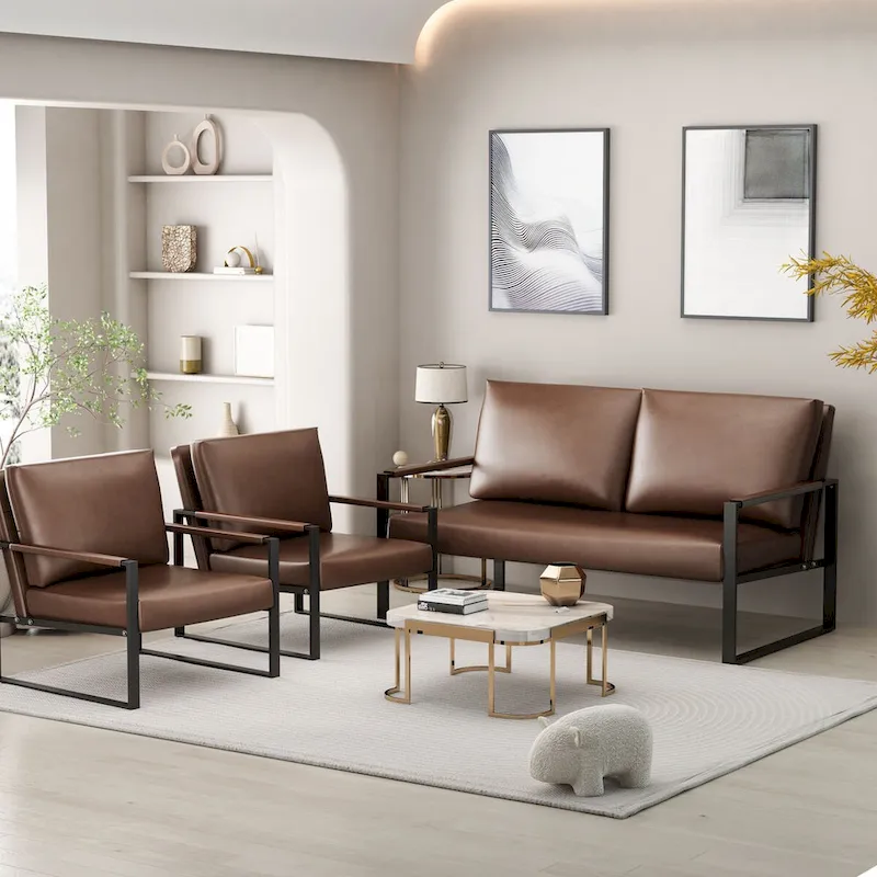 Mid-Century Style 3-Piece PU Leather Living Room Sofa Set Including 2 Armchairs and 1 Loveseat Sofa