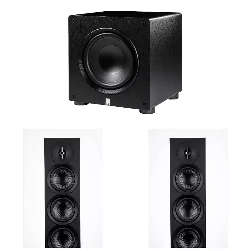 Elac DF53-BK - Debut 3.0 5.25 Floor Speaker - Black and Elac PS350-BK - Varro Premium 12 350 Watt Powered Subwoofer with Auto-EQ