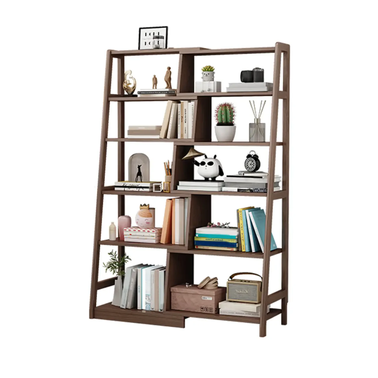 5-Tier Walnut Wooden Open Ladder Bookshelf