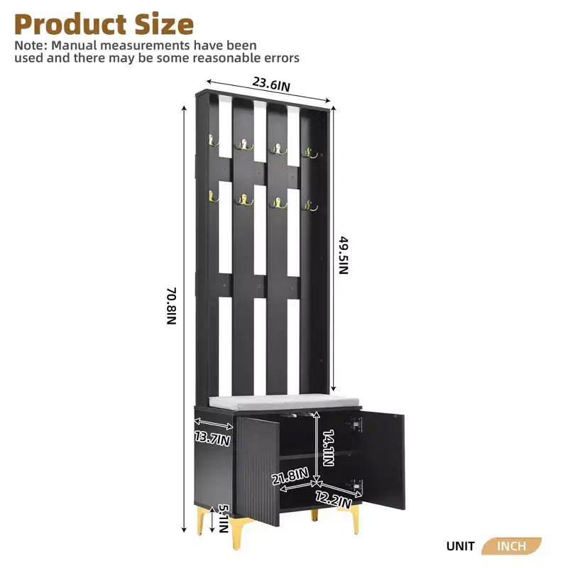 24''W 4 in 1 Modern Hall Tree Coat Rack Multifunctional Hallway Shoe Cabinet with Cushioned Storage Bench, Hooks and Adjustable Shelves-ModernLuxe
