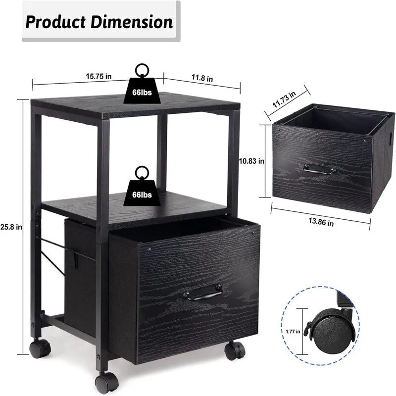 2 Tier Metal Mobile Under Desk Home Printer Stand - 11.81 D x 15.75 W x 25.6 H