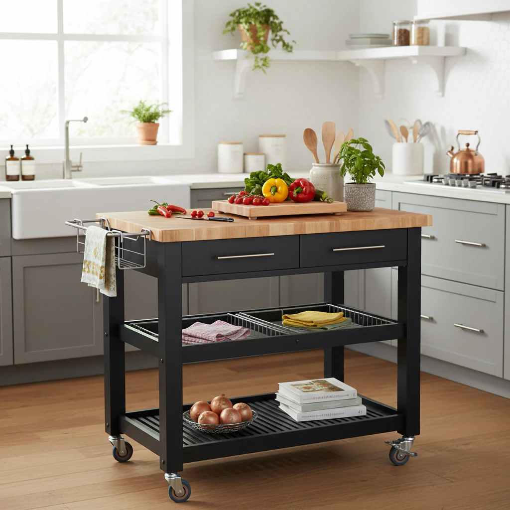 Rubberwood Chef Prep Station - End Grain Cutting Block Workstation (Brown/Blue/White/Beige)