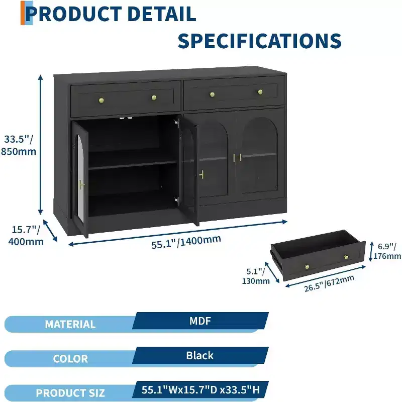 55Inch Buffet Cabinet,Modern Wood Sideboard with Drawers & 4 Transparent Acrylic Doors,TV Console Kitchen Storage Cabinet for Dining Room,Living Room