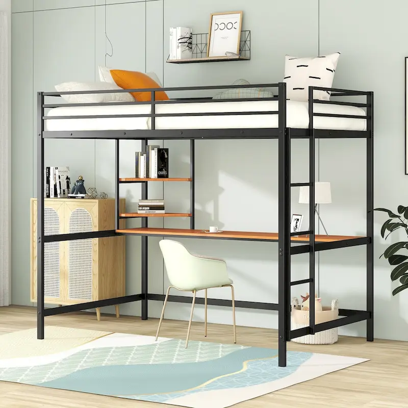Black Full Size Metal Loft Bed with Desk, Ladder & Shelf