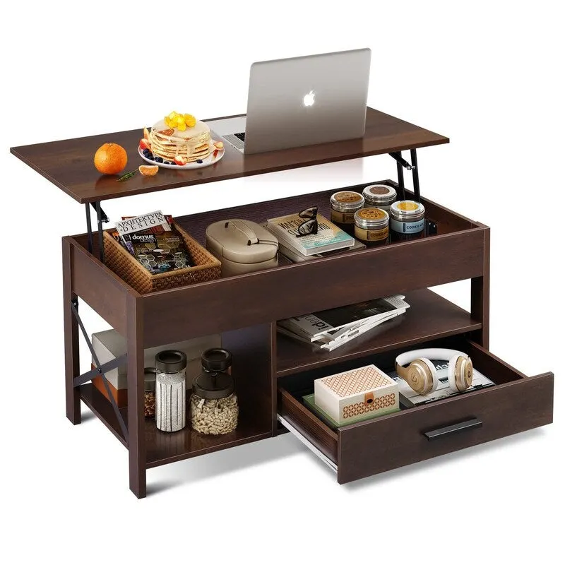 Lift-Top Coffee Table, Hidden Storage Compartments, MDF Wood Grain Top, Espresso, 1-Person Use