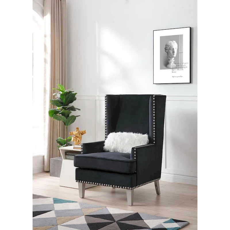 Pink / Dark Grey / Black / Blue Velvet High-Back Accent Chair with Chrome Nailheads and Tapered Legs – 1 Person