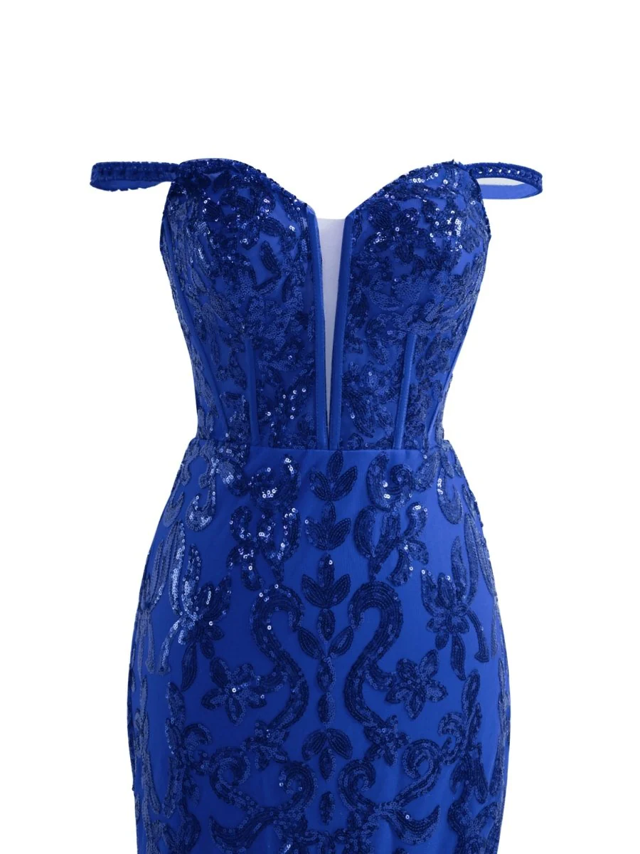 Sparkly Blue Sheath Sequins Long Prom Dress with Slit