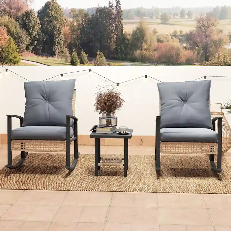 Outsunny 3 Piece Patio Bistro Set, Wicker Furniture Set with Button Tufted Cushions, Rattan Rocking Chairs and Coffee Table