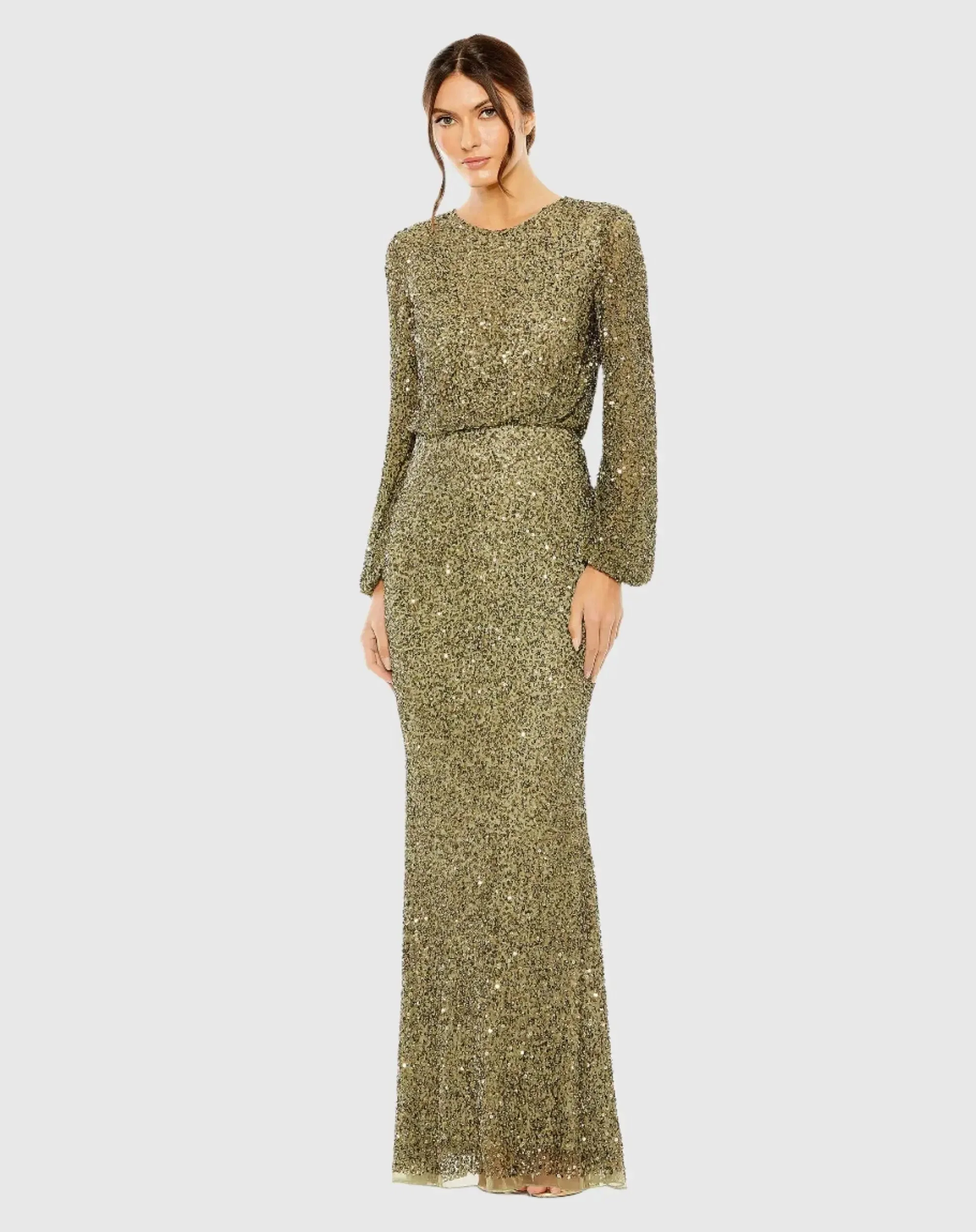 Green High Neck Long Sleeve Beaded Blouson Gown