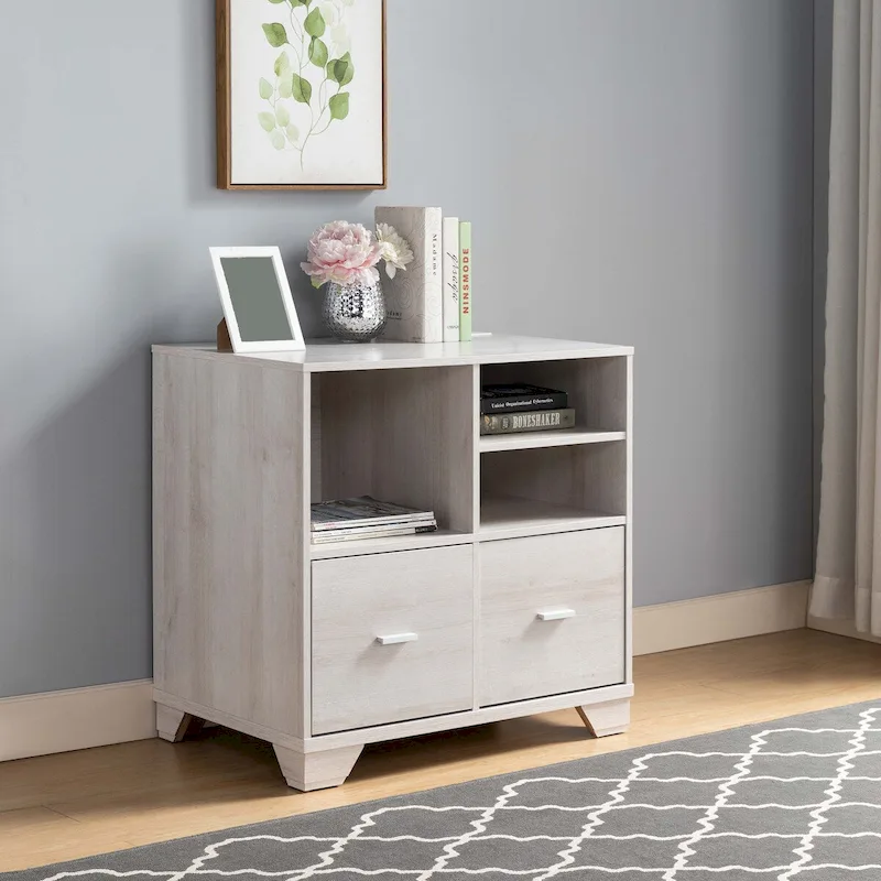 White Oak Printer Stand with File Drawers & Open Shelves, Single-User