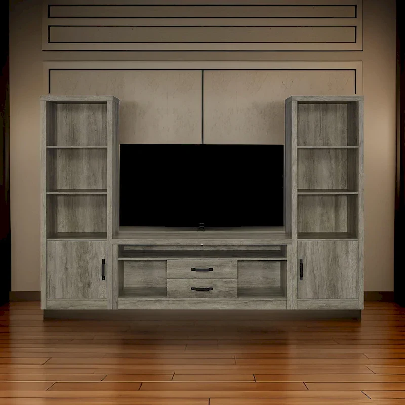 Gray & Black TV Stand with 2 Media Towers, 8 Compartments, Seats up to 55