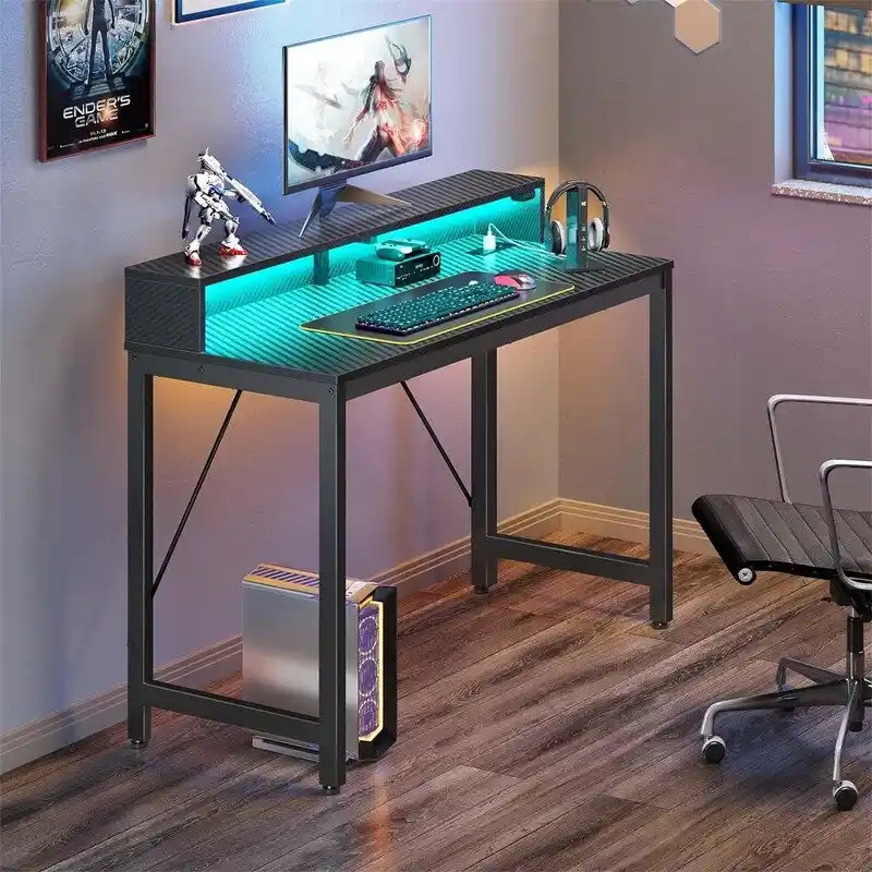 39-Inch Computer Desk with LED Lights and Built-In Power Strip