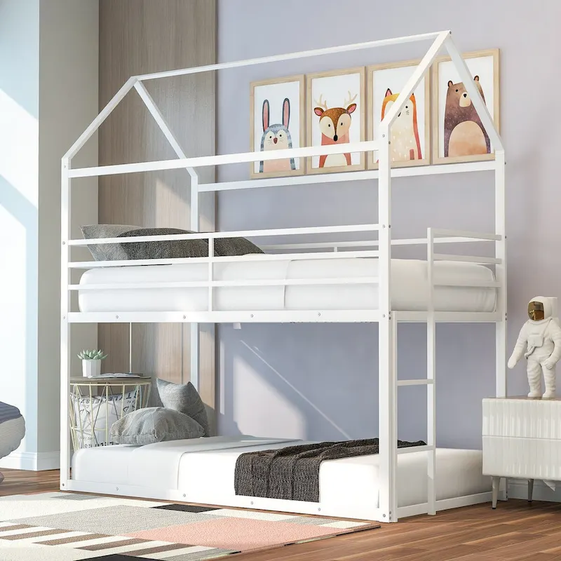 Black / White House-Style Metal Bunk Bed with Ladder, Twin over Twin, Sleeps 2