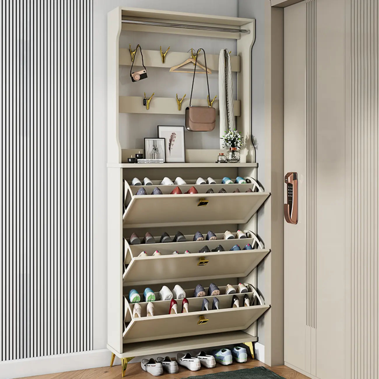 Drop-Front Adjustable Modern White Wood Narrow Shoe Cabinet