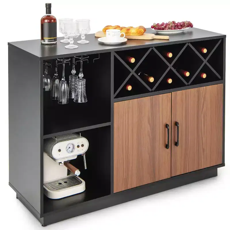 Industrial Wine Bar Cabinet Sideboard Buffet with Glass Holder & Adjustable Shelf, 45.5