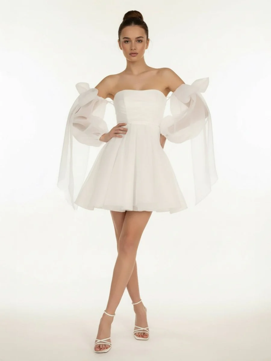 A-Line Puff Long Sleeves Short Wedding Dresses With Bows