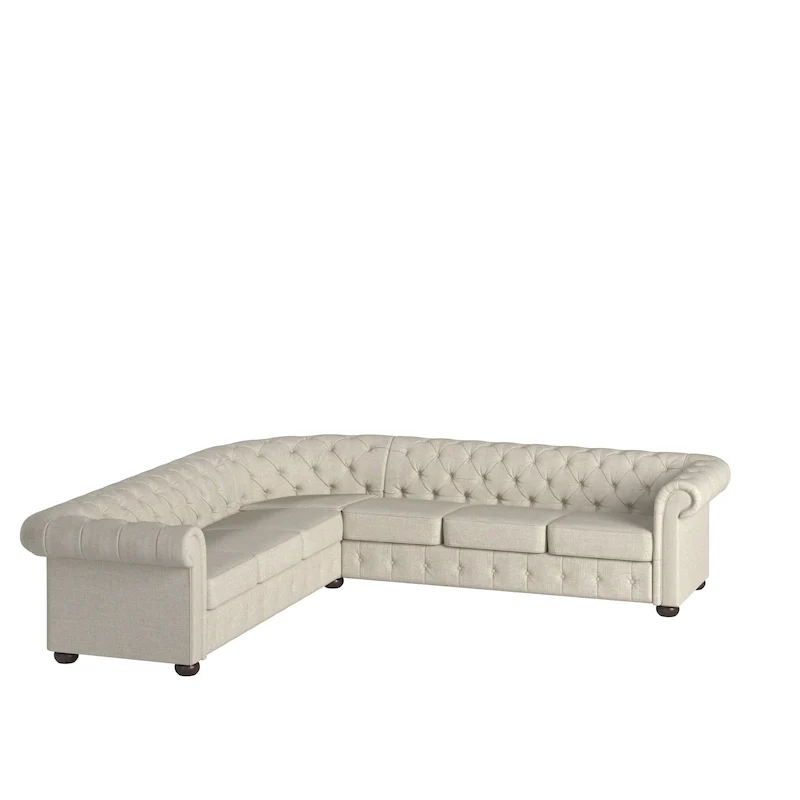 L-Shaped Chesterfield Sectional Sofa, 7-Seat, Beige / Grey / Brown, Linen / Velvet / Bonded Leather