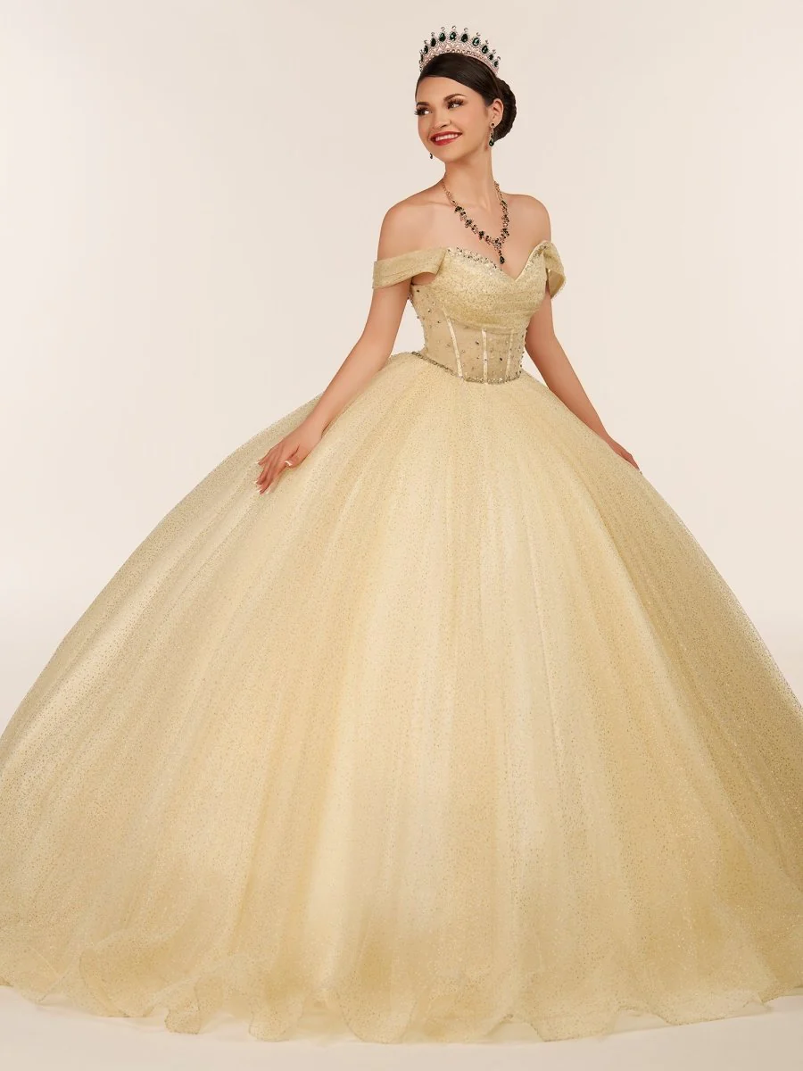 Yellow Ball Gown Tulle Off-the-Shoulder Quincenara Dresses