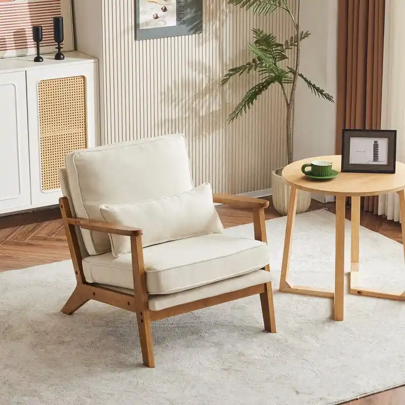Upholstered Linen Blend Accent Chair with Wooden Legs and Pillow, Beige