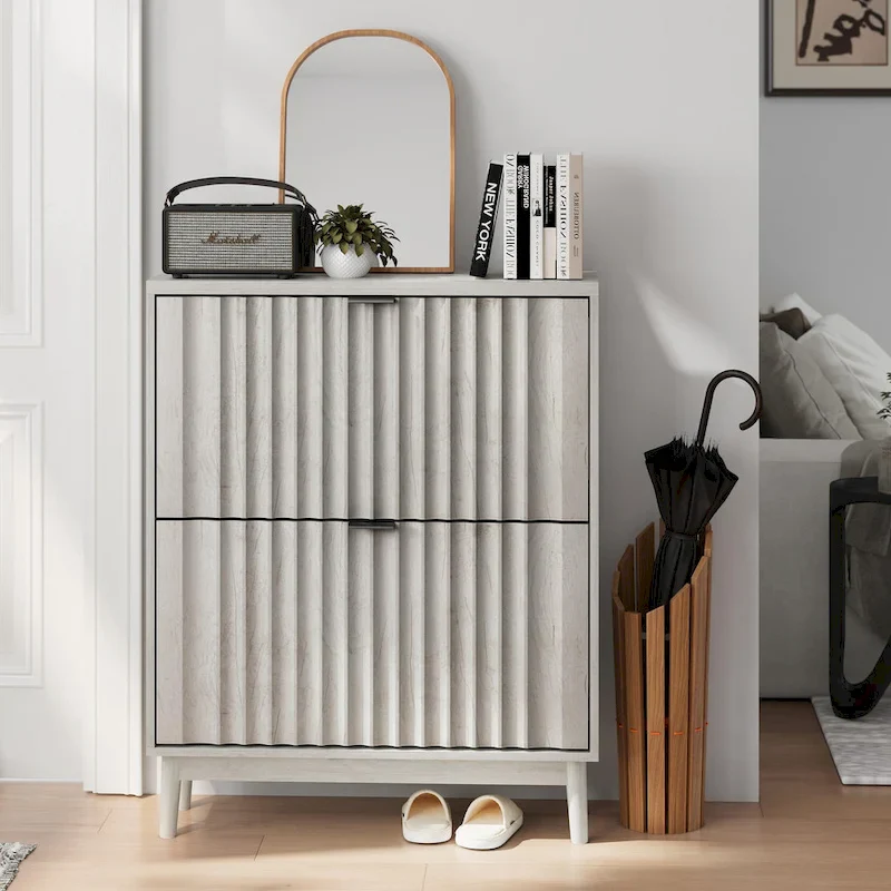 Gray Fluted Shoe Cabinet with 2 Flip Compartments