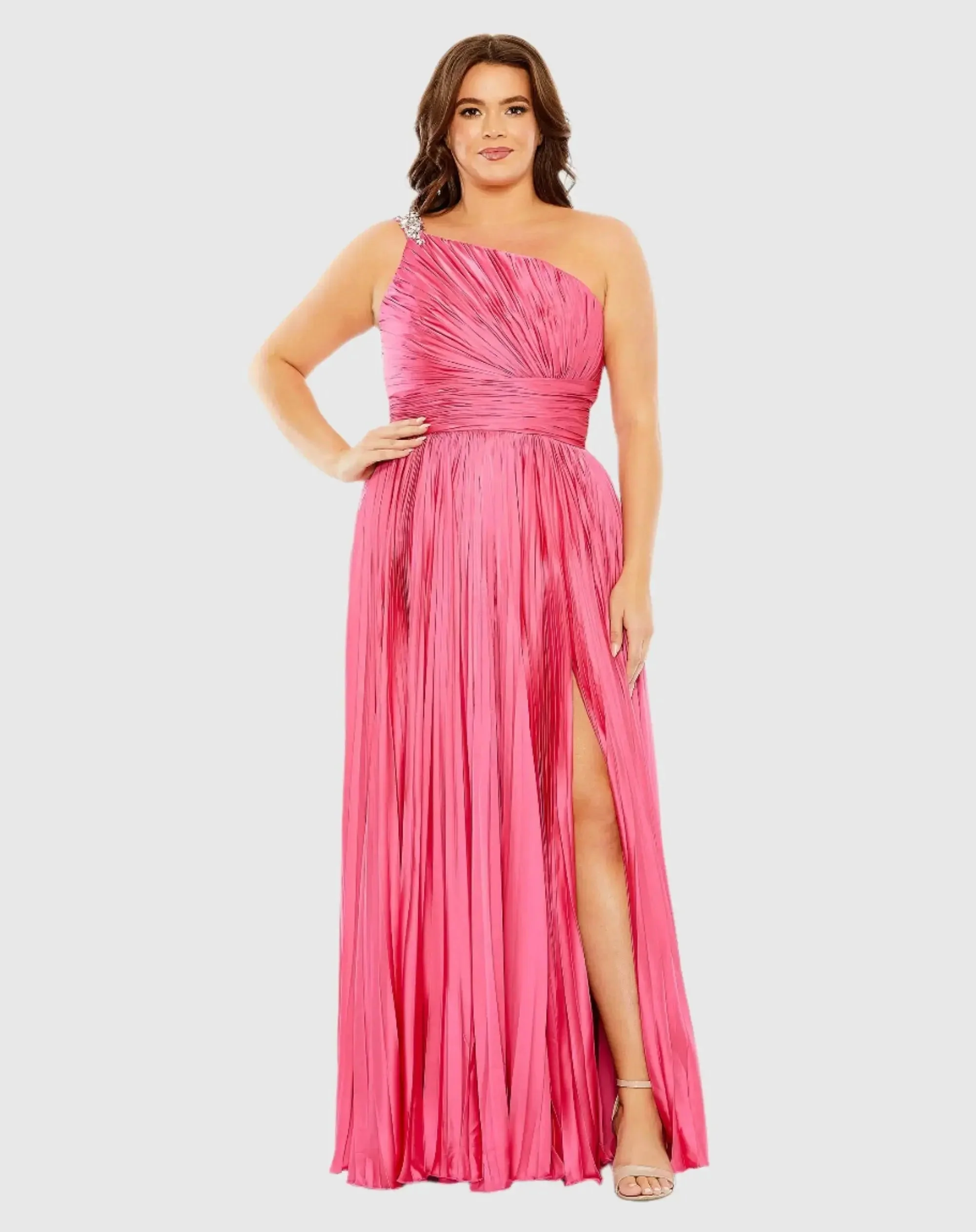 One Shoulder Embellished Pleated Sleeveless Gown