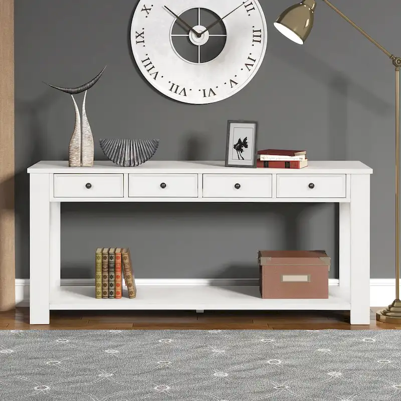 63 Pine Wood Console Table with 4 Drawers and 1 Bottom Shelf