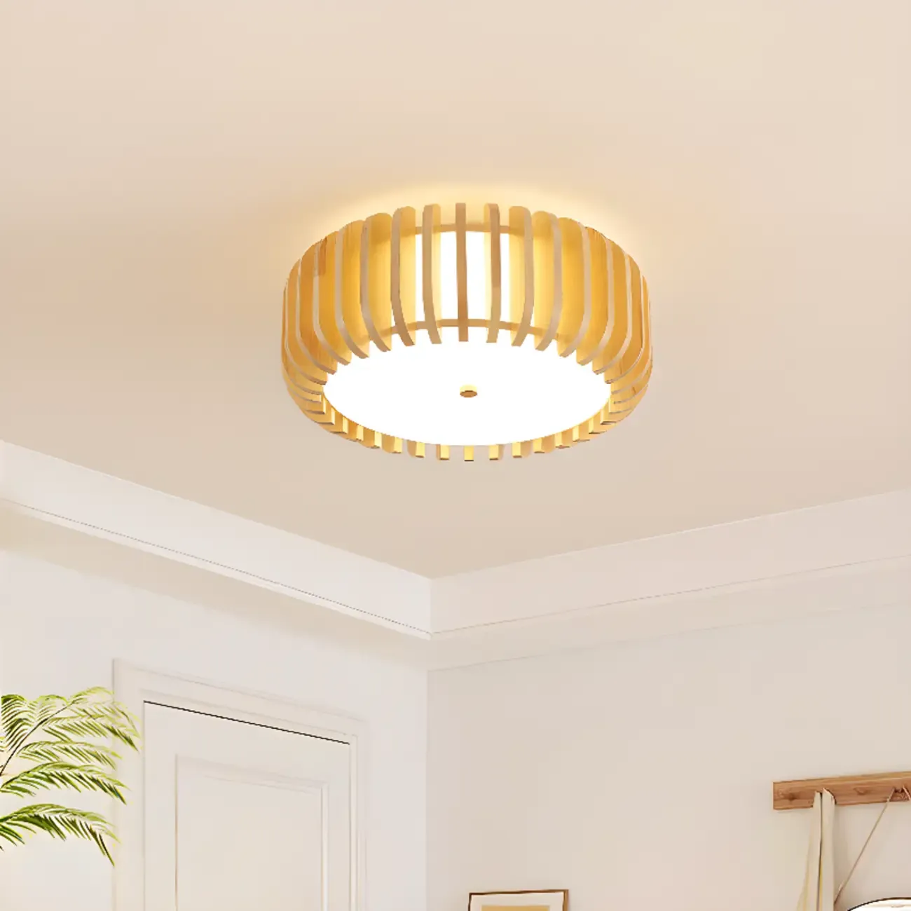 Natural Wood Circular Dimmable LED Flush Mount Ceiling Light