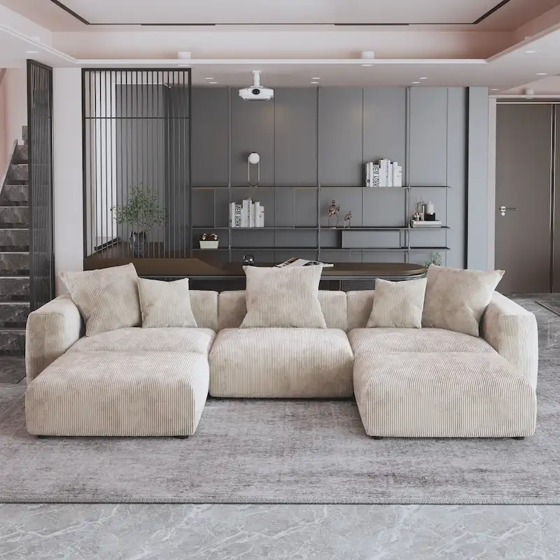141.73 Modular Sectional Sofa, Corduroy U Shaped Sofa Couch with Ottomans