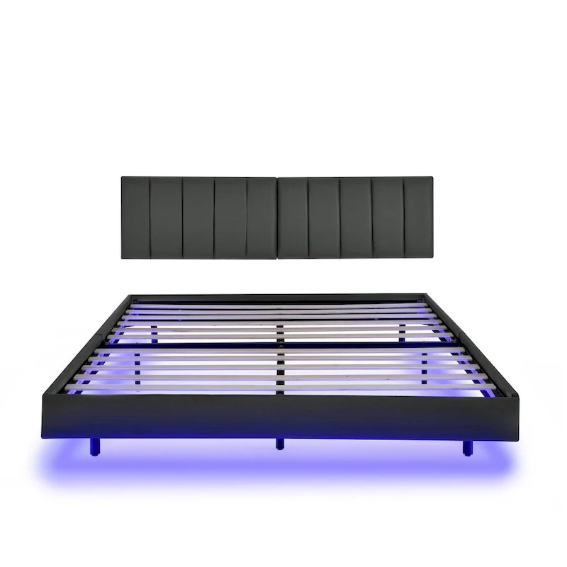 Floating Bed Frame With Led Lights And Wall Mounted Headboard