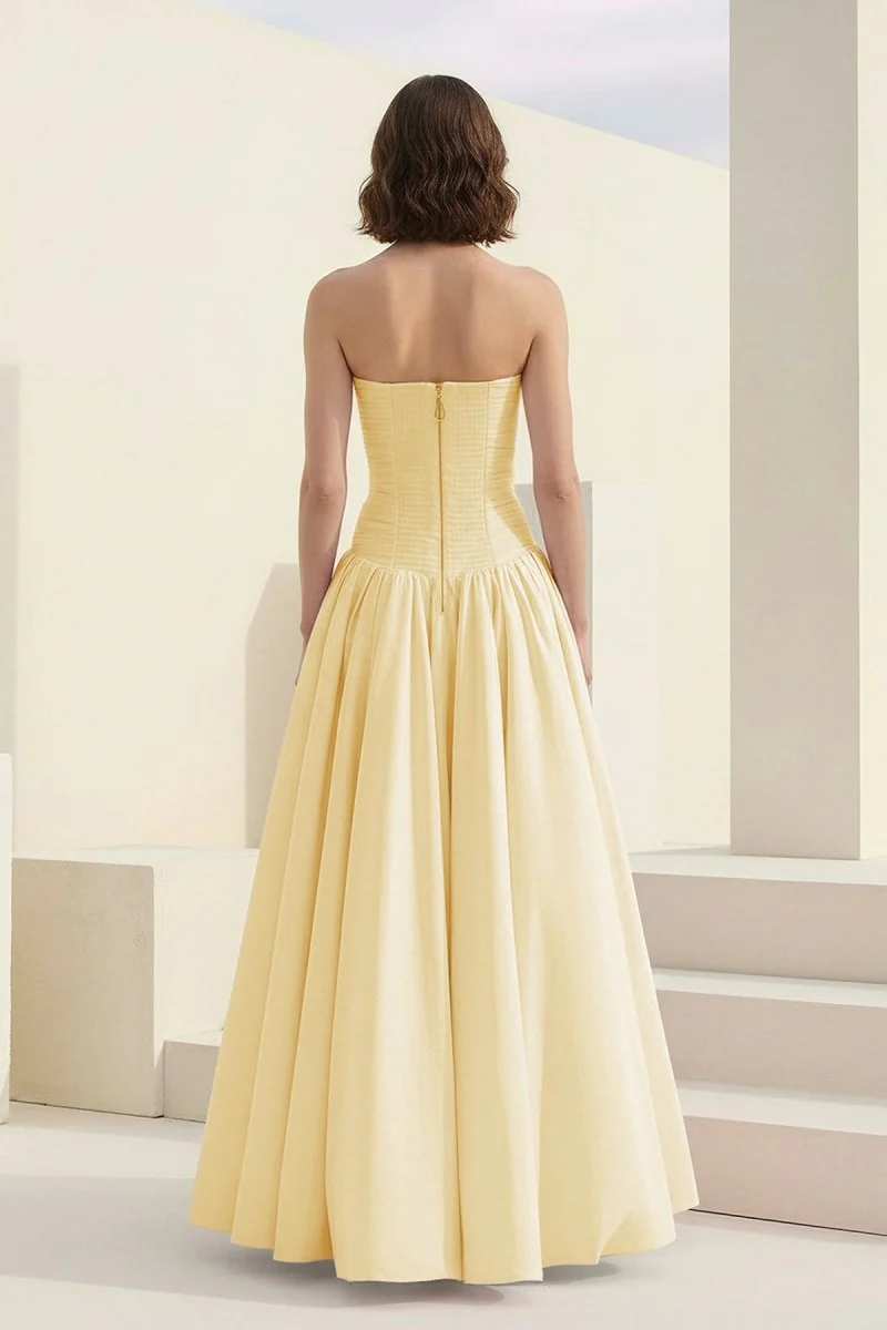 Yellow - Strapless A Line Satin Pleated Prom Dresses With Slit