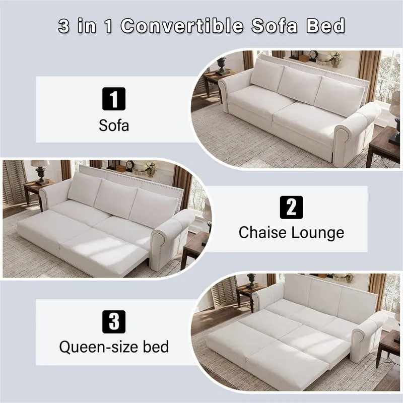 3-in-1 King Pull Out Sofa Bed Chesterfield Sofa, Velvet/Faux Leather Convertible Sleeper Sofa with Nailhead Trim & Rolled Arm