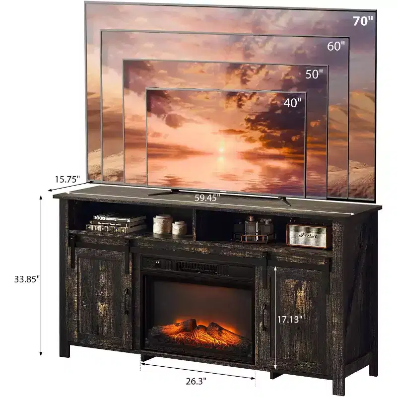 VINGLI Fireplace TV Stand with Sliding Barn Door for 70 Inch TV, Farmhouse Entertainment Center with 23 Fireplace
