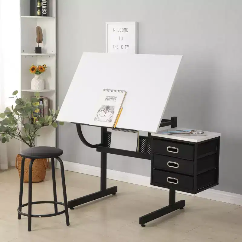 Okak Wooden Adjustable Drawing Drafting Table with 3 Drawers & Stool,Drawing Drafting Desk for Artist