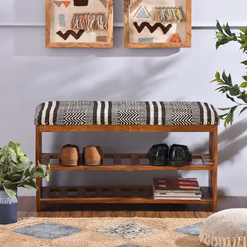 Natural Acacia Wood Boho Upholstered Storage Bench, 2-Shelf, 1-Seat