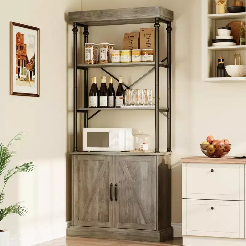 Tall Bookshelf with Doors 73.62in Industrial Storage Open Rack Shelf with Cabinet Wood and Metal Bookcase Bookshelves Large Vintage Display Rack