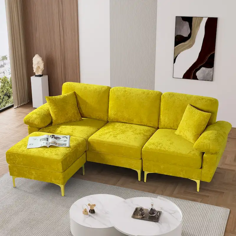 Upholstered Velvet Sectional Sofa with Pillows & Ottoman