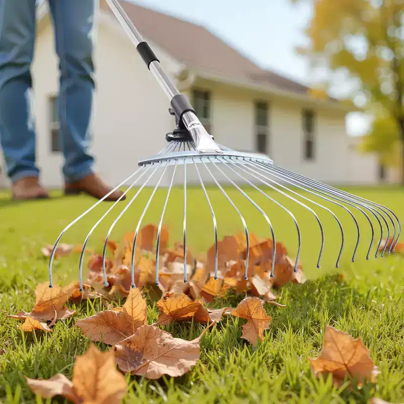 VEVOR Leaf Rake, 18 Metal Tines, Adjustable Garden Rake for Lawns with 7.7-17.1 Inch Head & 32.3-55.6 Inch Long Handle, Stainless Steel, Silver