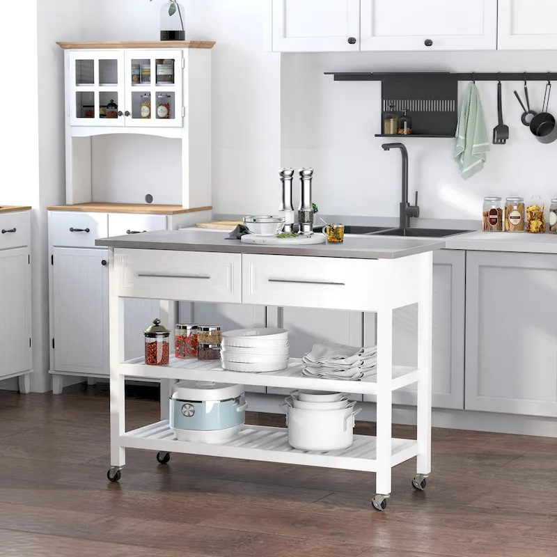 Stainless Steel Top Kitchen Island Rolling Utility Cart with Drawers & Shelves - White