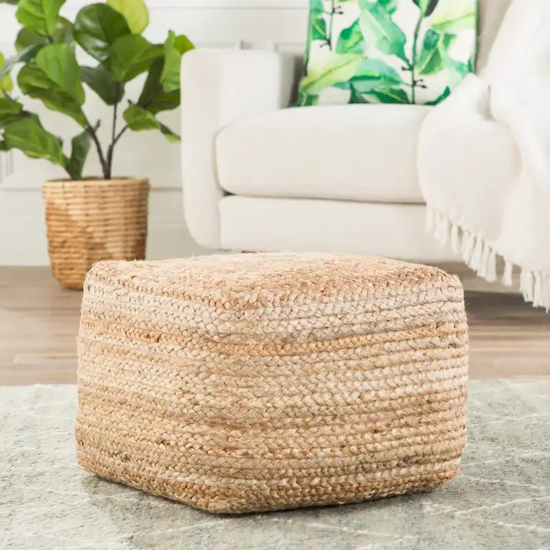 Square Handwoven Jute Pouf Ottoman – Natural Boho Footstool for Living Room