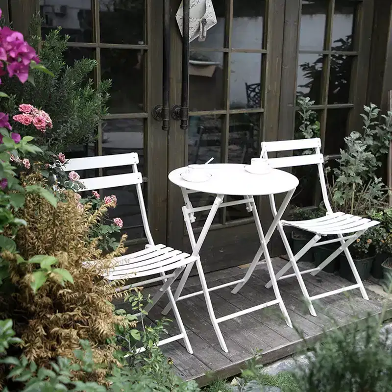 MAYEERTY 3 Piece White Foldable Patio Bistro Set, Round Table & Chairs