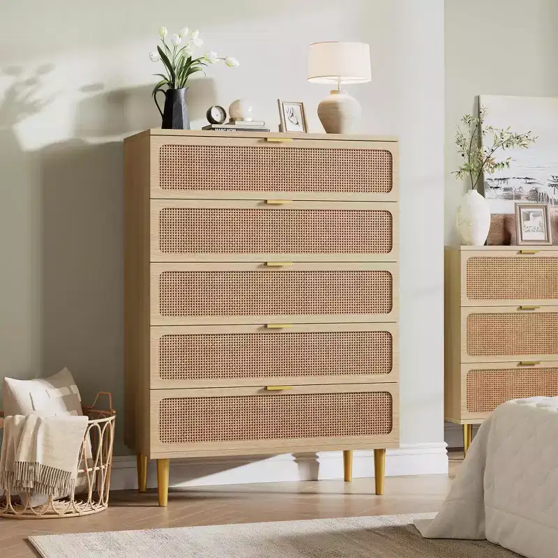 Natural Rattan 5-Drawer Tall Dresser, Wood Color, Single Use