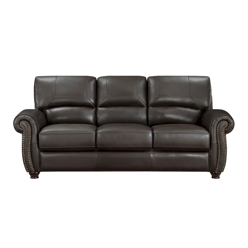 Kia 84 Inch Sofa, Dark Brown Top Grain and Faux Leather, Solid Wood
