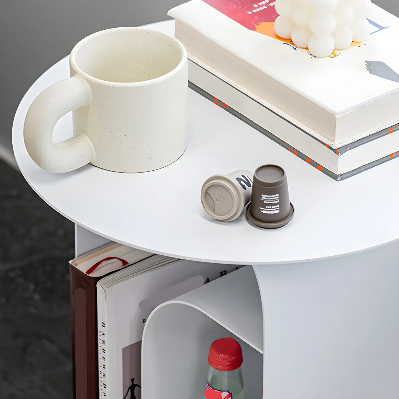 Industrial Narrow White Metal Bedside Table with Round Top