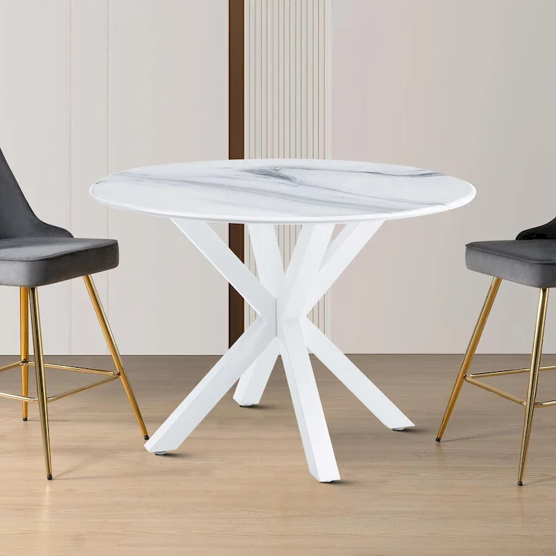 Round Dining Table, White/Black/Marble, Seats 2–4, MDF Top & Metal Legs